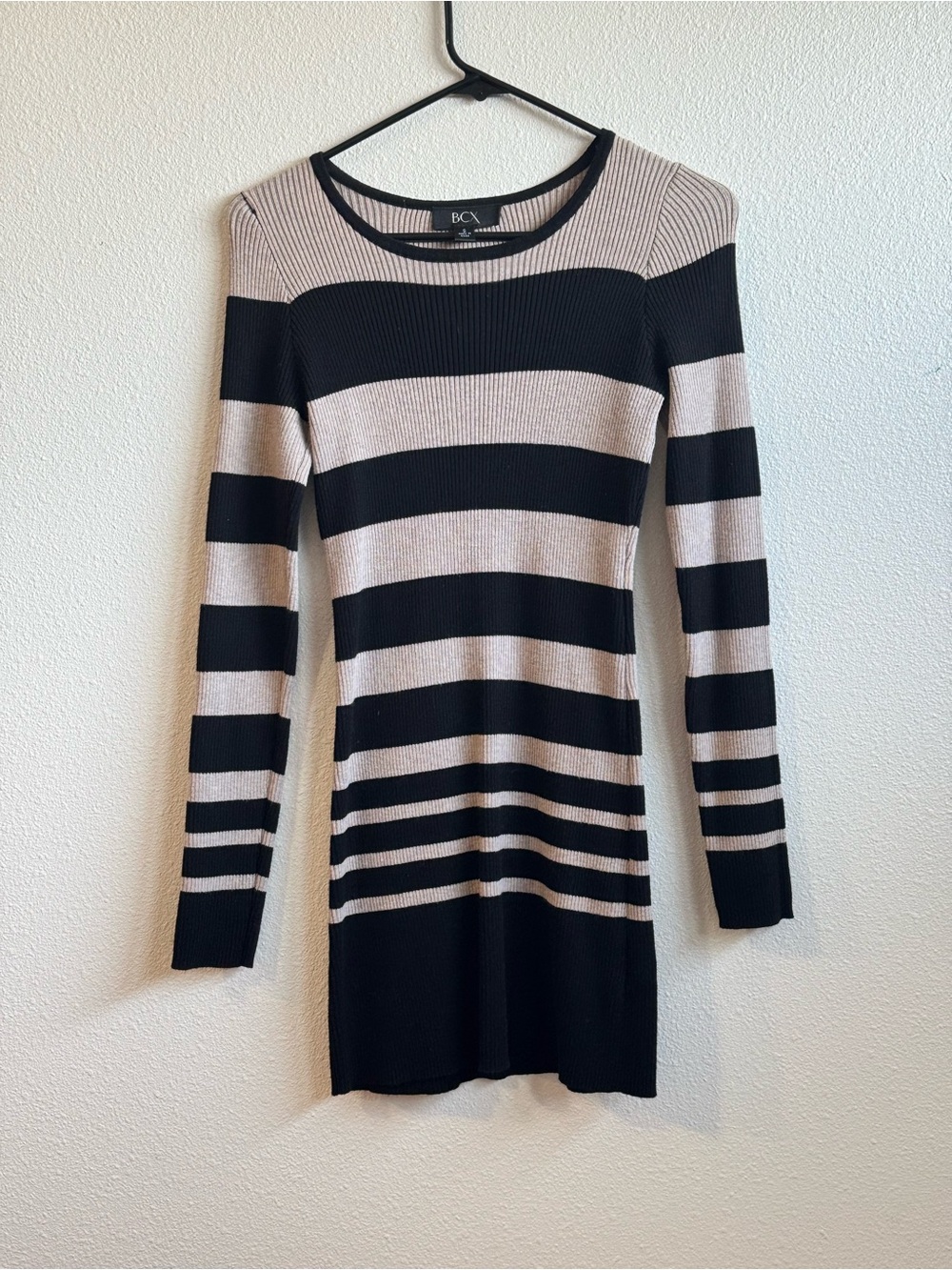BCX Black and Beige Striped Long Sleeve Ribbed Knit Dress